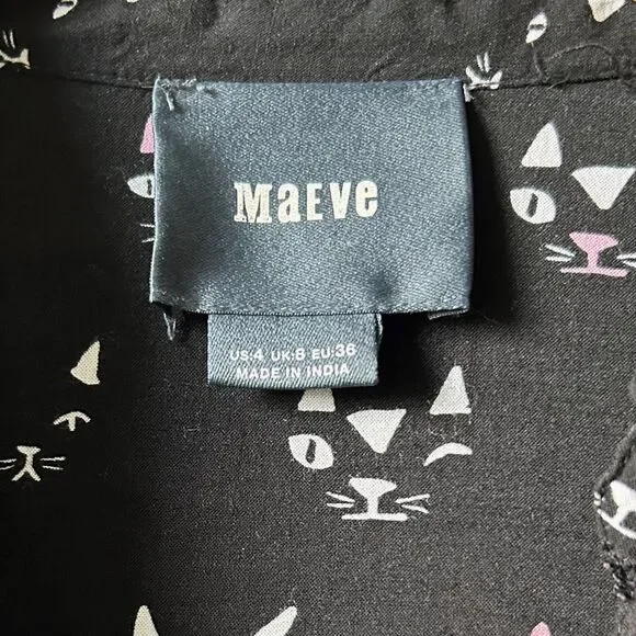 Maeve Anthropologie Long Sleeve Top Women's Size 4 Clever Cat Print Black Rayon - Picture 4 of 6